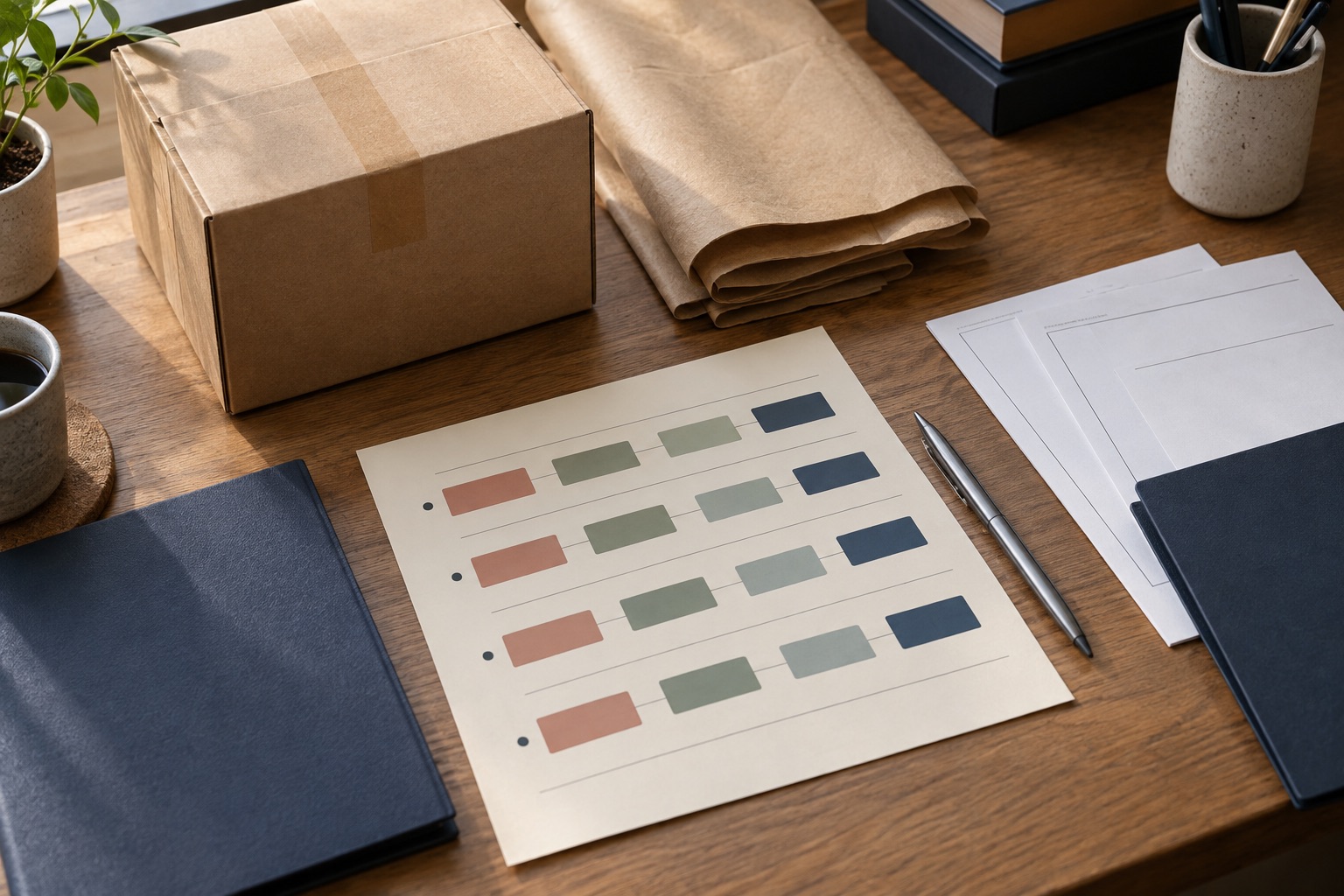 Illustrative delivery planning desk with a parcel, documents and milestone grid