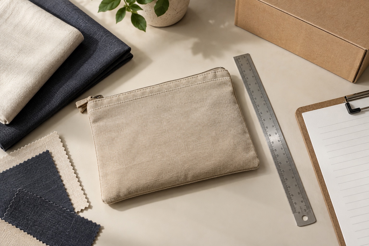 Illustrative inspection workbench with a textile pouch, measuring ruler, fabric references and packing materials