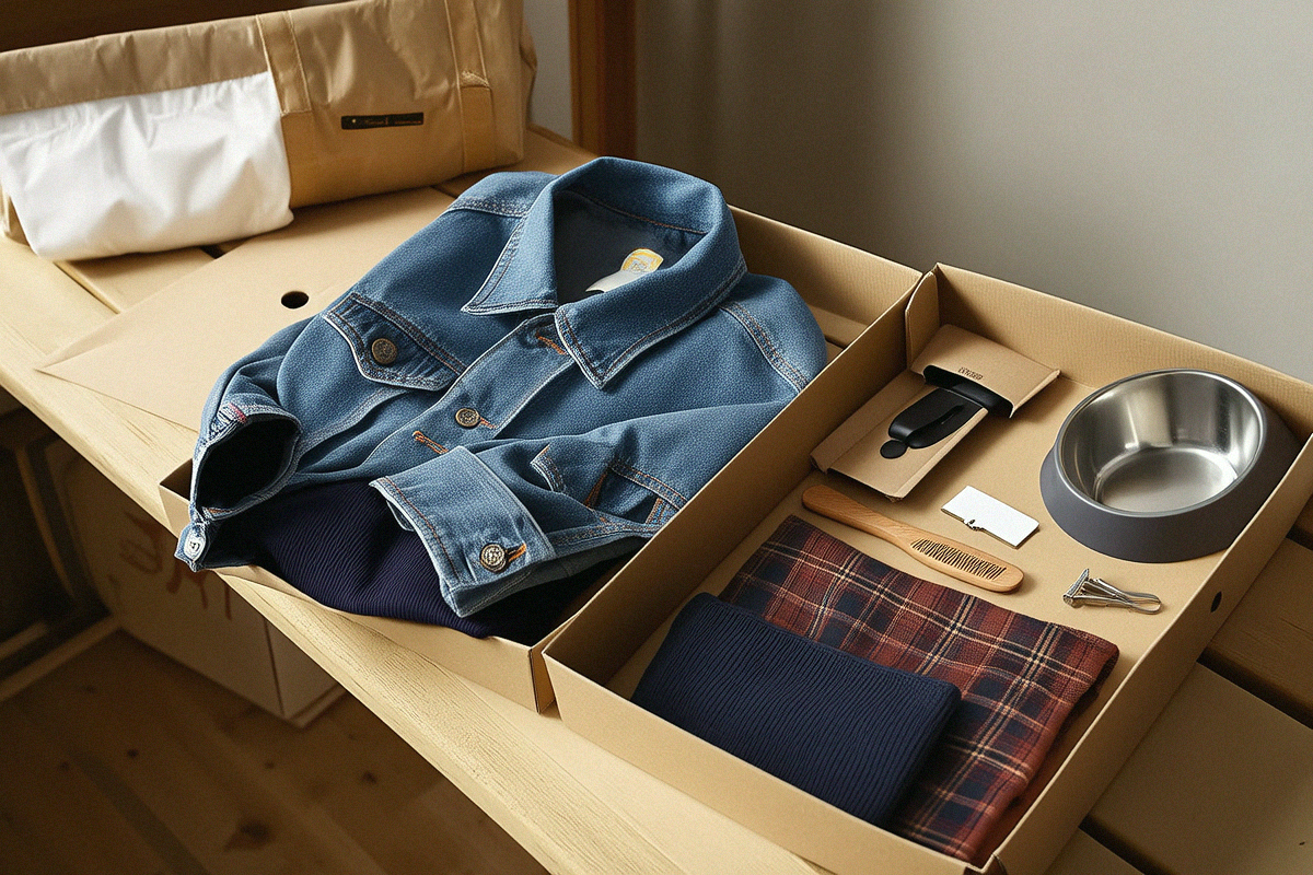 Carton dimensions and gross weight measured on the packing bench, with the pet wear and pet accessories that go inside.