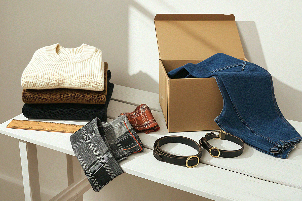 Folded pet sweaters, denim jackets, plaid bandanas and collars laid out on the packing bench.